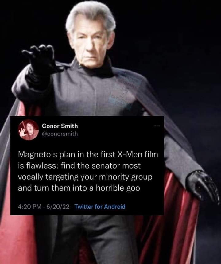 This meme is a screenshot of a tweet that uses the image of Ian McKellen as Magneto from the X-Men movie franchise. The text in the image reads: "Magneto's plan in the first X-Men movie: 1. Destroy the world 2. Kill Professor X 3. Take over the world"